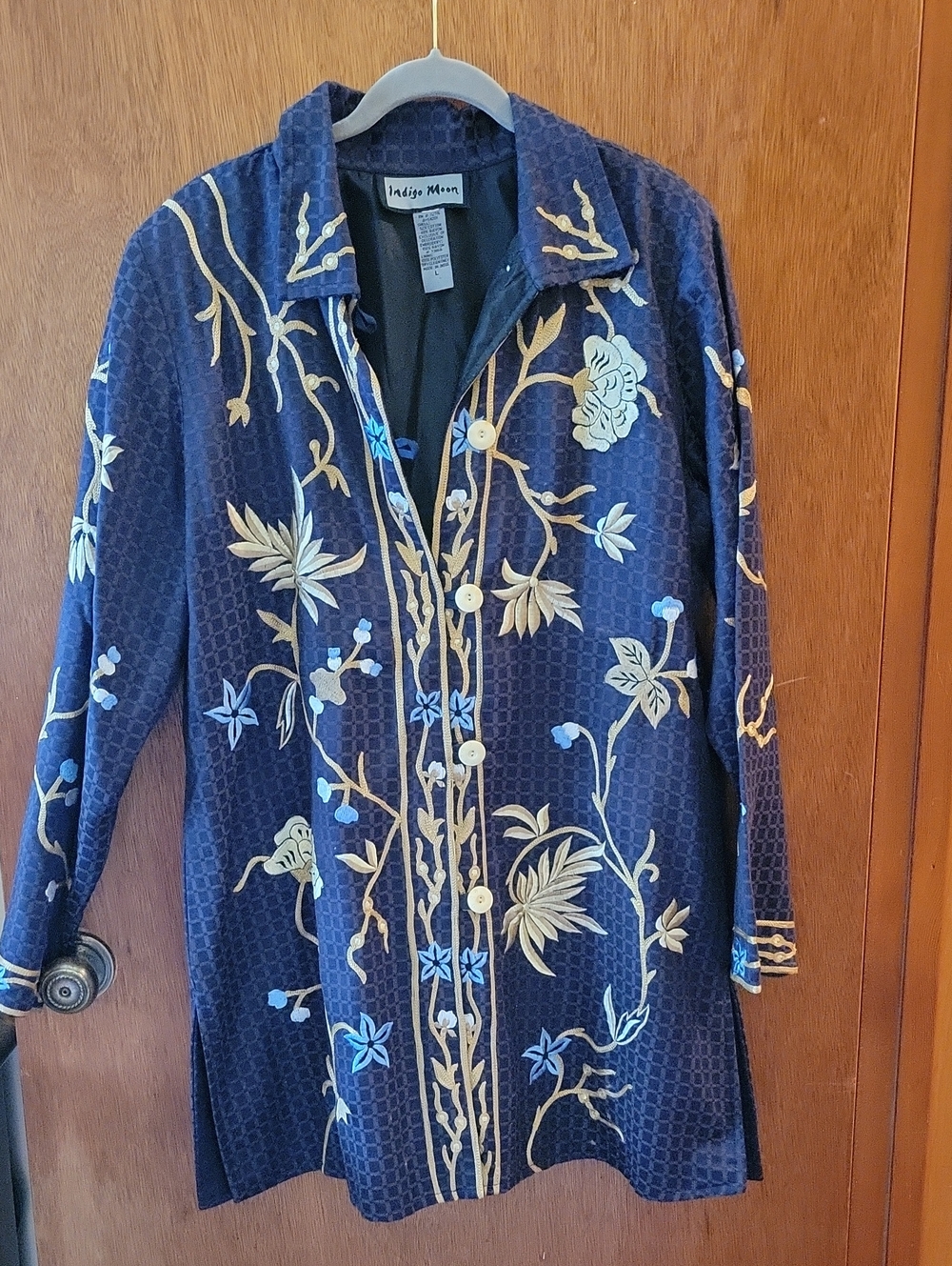 Indigo Navy Floral-Embroidered Long Tunic Jacket
